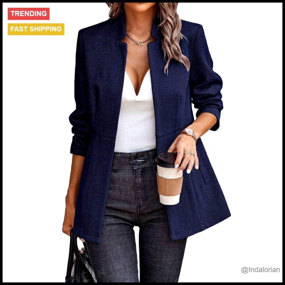 Herringbone Blazer Open Front Business Casual Long Sleeve Work Jacket